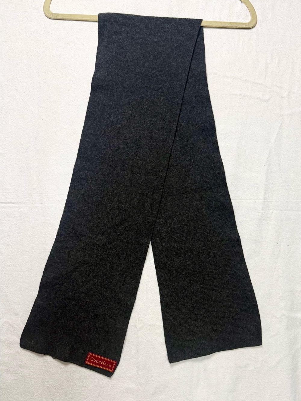 Cole Haan Preppy Charcoal Knit Scarf with Red Logo Patch